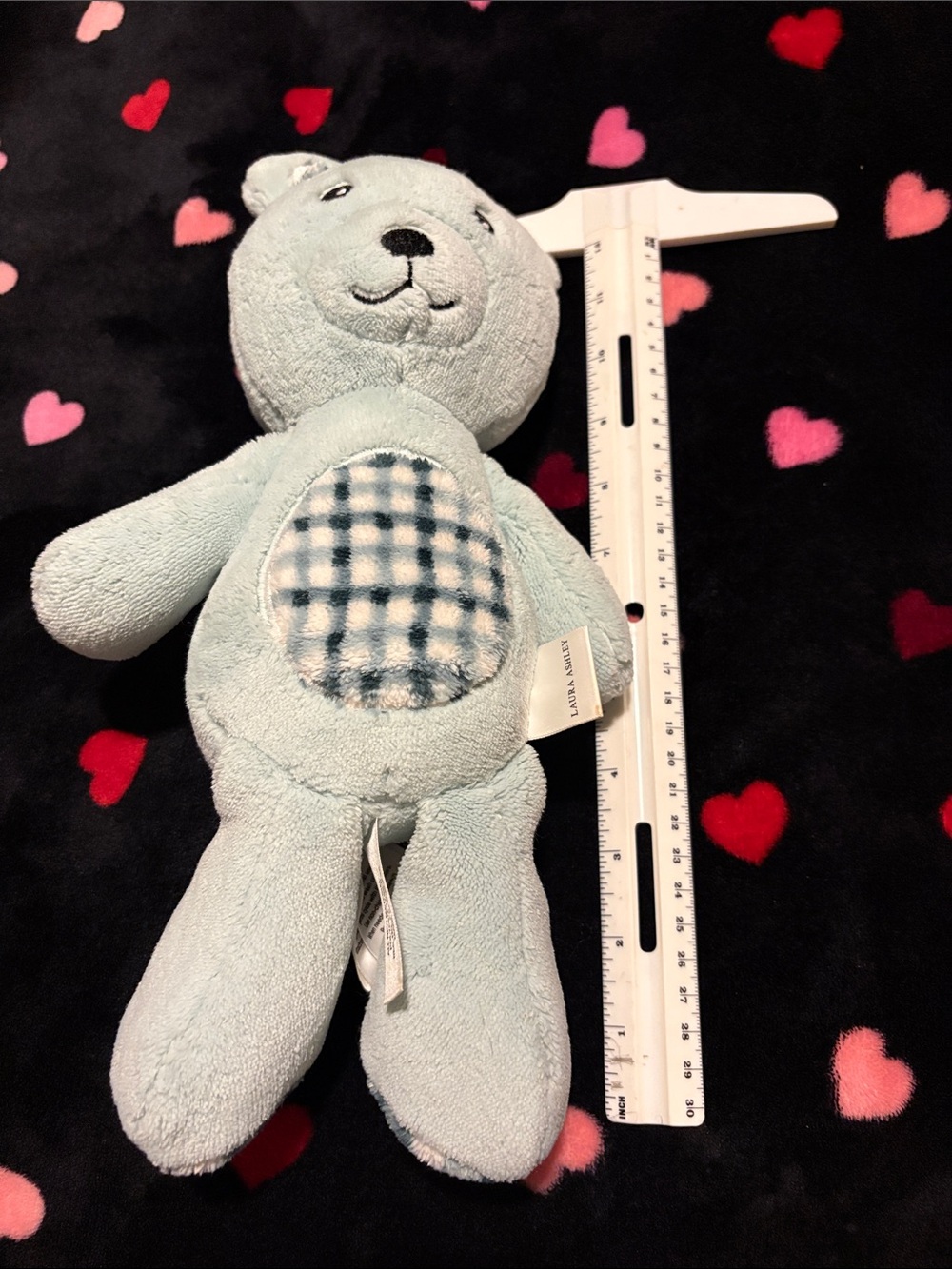 Laura Ashley Light Blue Plush Bear Accent Pillow with Gingham Patch